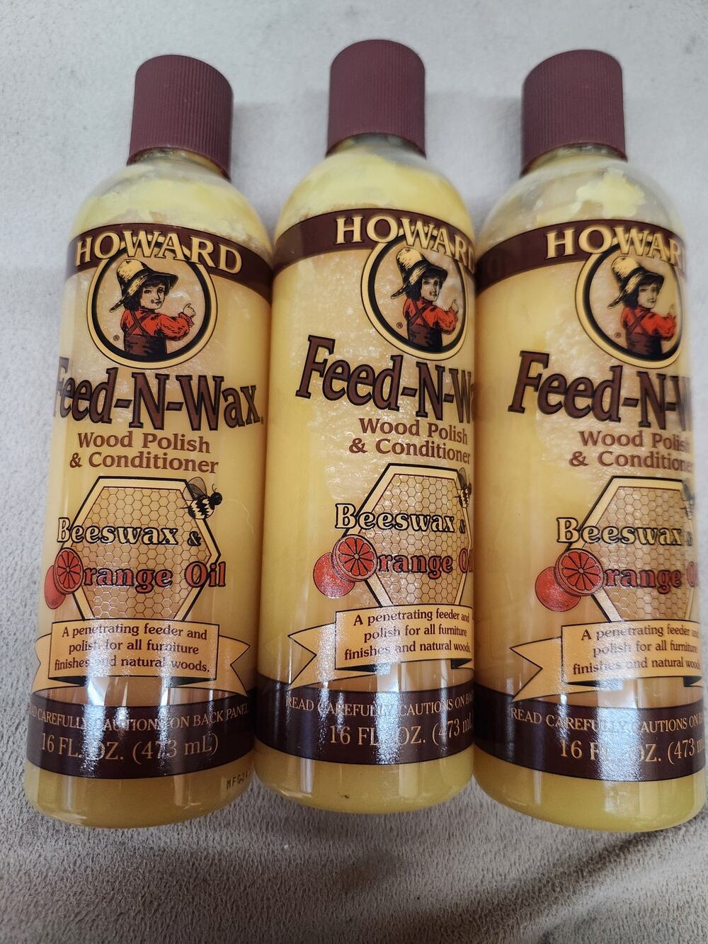 3 16 oz bottles Howard Feed-N-Wax wood polish & conditioner